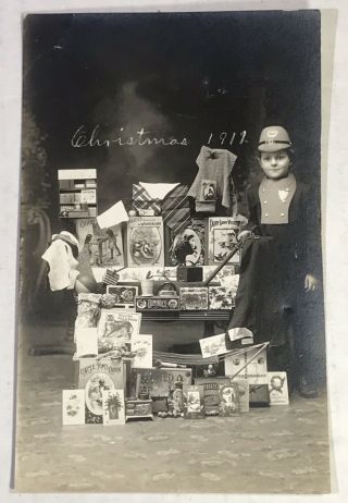 1911 Real Photo Postcard Christmas Presents Boy Police Costume Toys Books Ball