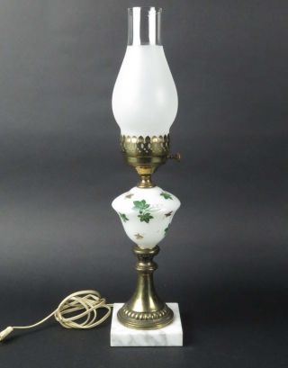 Vtg Milk Glass Lamp Marble Base Electric Green Gold Paint C 1960s Metal