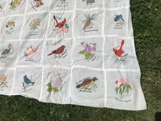 Vtg Quilt Top Cotton Handmade Painted 50 State Birds & Flowers 76 " X 78 " Vguc