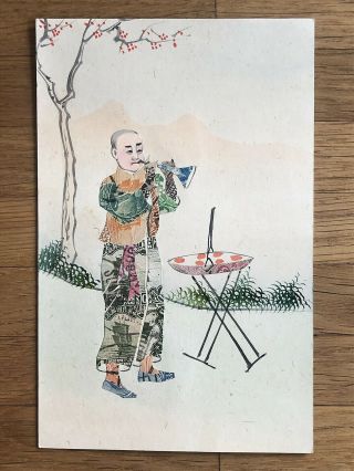 China Old Postcard Stamps Painting Hand Painted Chinese Man Fluting