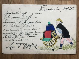 China Old Postcard Hand Painted Man Wheelbarrow Tientsin To Germany 1911