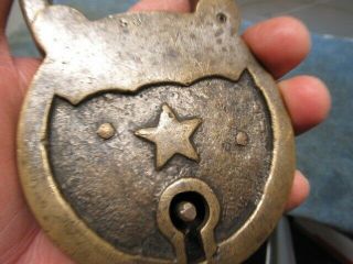 Very unusual HUGE old brass padlock lock with a STAR on the front.  w/key.  n/r 2