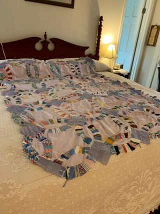 Vintage Double Wedding Ring Cotton Quilt Top 74” By 56”