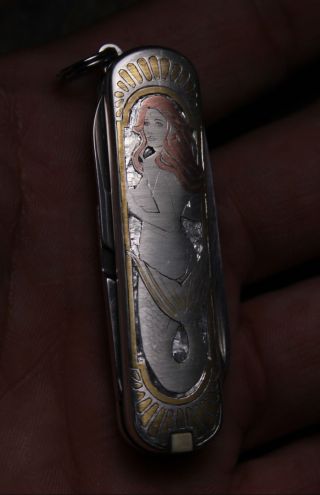 Sterling Victorinox Classic Knife 301 Engraved Nude Mermaid 24k Gold & Copper 2
