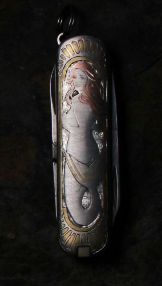 Sterling Victorinox Classic Knife 301 Engraved Nude Mermaid 24k Gold & Copper 3