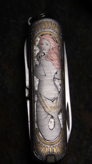 Sterling Victorinox Classic Knife 301 Engraved Nude Mermaid 24k Gold & Copper 4
