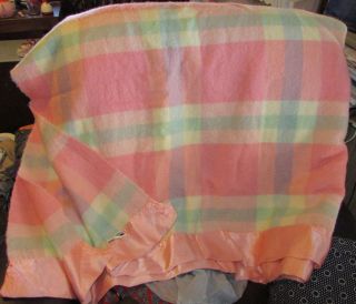 Vintage Chatham Pink Plaid Wool Blanket W/ Satin Binding 86 " X 74 " Exc