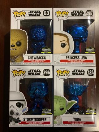 Star Wars Celebration 19 Funko Pop Blue Chrome Leia Yoda Chewbacca Stormtrooper