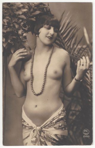 1920 French Photograph - Slender,  Naked Flapper Girl Holding Apple,  Play On Eve