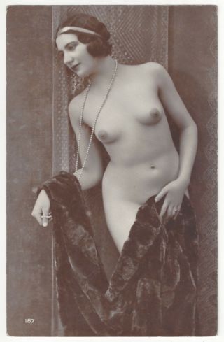 1920 French Photograph - Tall,  Naked,  Slender Brunette - Sepia Image
