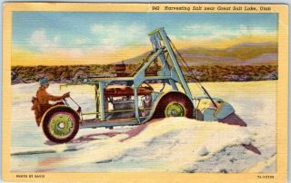 1940s Utah Postcard " Harvesting Salt Near Great Salt Lake " Curteich Linen