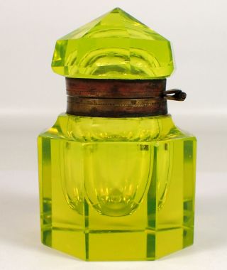 Rare Antique 1800s Vaseline Uranium Glass Crystal Inkwell Brass Hinged Mounted
