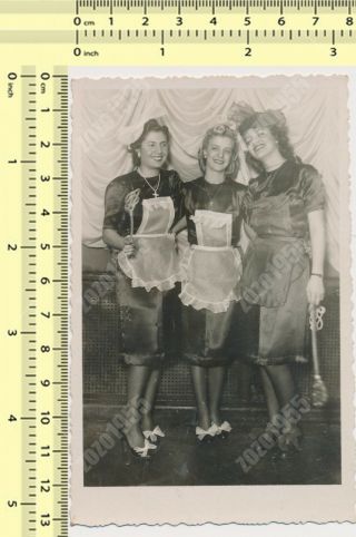 Three Females Smile Pretty Women Maids Uniform Old Photo Snapshot