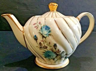 Vintage Sadler England Blue Roses Tea Pot With Gold Accent And Trim