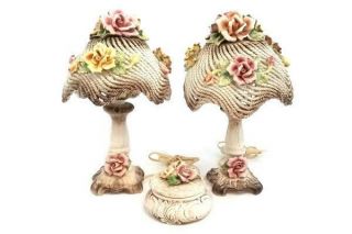 Set Of 2 Capodimonte Porcelain Rose Basket Weave Table Lamps W/ Trinket Box