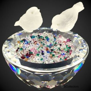 Swarovski Crystal Birdbath Figurine,  Vintage Frosted Birds In Crystal Bowl