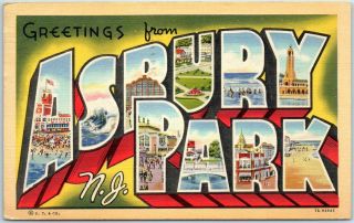 Vintage Asbury Park Jersey Large Letter Postcard Curteich Linen 1943 Cancel