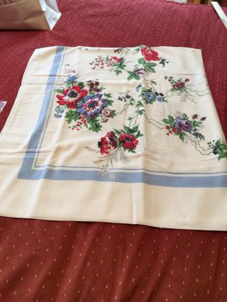 Vintage Floral Pattern Tablecloth (44x52”) Very Probably 1940’s.  Primary Colors