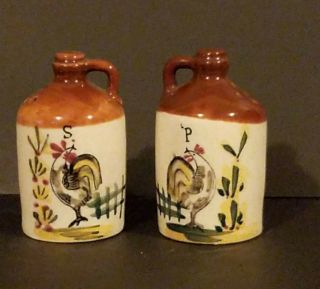 Vintage Jugs With Rooster Salt And Pepper Shakers With Cork Stoppers