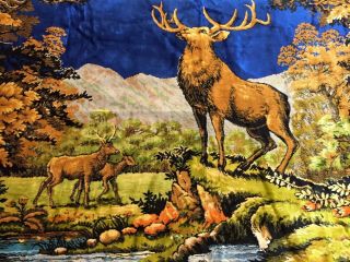 Vintage 60s Plush Velvet Wall Hanging Tapestry Rug Deer Stags Elk Italy 74 X 46