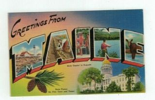 Me Maine Antique Linen Post Card Big Letters " Greetings From "