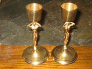 2 Vtg Candlesticks Brass Candle Holders Naked Nude Ladies Lady Women 4 1/2 " Tall