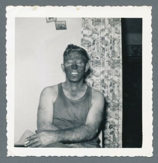 Dirty Blackface Man W/ White Teeth Smoking Cigarette,  Vintage Snapshot Photo