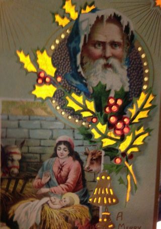 Vintage Htl Christmas Postcard Santa Claus Mary Christ Child Manger Bells Holly