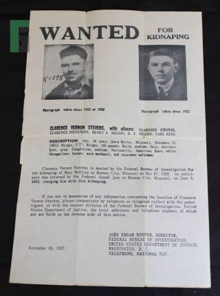 1937 Fbi Wanted Poster For Kidnapping Clarence Vernon Stevens