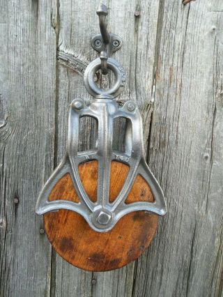 Antique Cast Iron And Wood Pulley Primitive Barn Ornate Rustic Decor And Hook