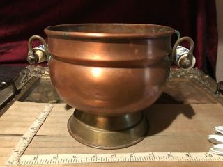 Antique Vintage Copper/brass Flower Pot,  Planter W/delft Blue Porcelain Handles