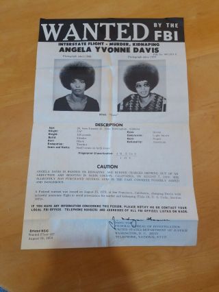 " Authentic " Angela Davis 1970 Fbi Most Wanted Poster Black Panther Civil Rights