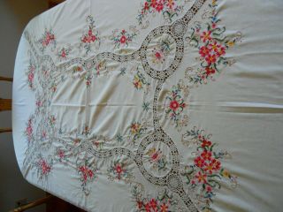 Vintage Cross Stitch And Lace Tablecloth,  82 " X70 ",