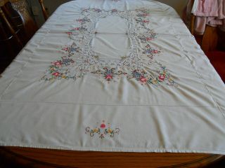 Vintage Cross Stitch And Lace Tablecloth,  65 " X48 ",  Pristine