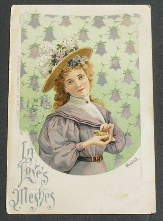 Mailick Pretty Girl Big Hat Purple Dress Holds Baby Chick Early 1906 Postcard