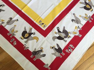 Vintage Linen Rooster Chicken Tablecloth Country Farm Rustic Folk Art - 1950 