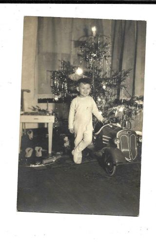 Ca1940 Real Photo Postcard Of Boy By Christmas Tree With Pedal Car,  Train,