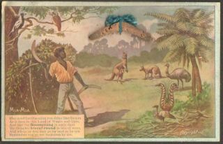 Australia - Novelty Postcard - Aborignal Man,  Kangaroos,  Cork Boomerang Attached