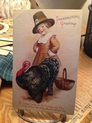 Vintage Thanksgiving Postcard Boy In Brown With Turkey & Basket