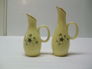 Vintage Ceramic Yellow Pitcher Salt & Pepper Shakers W/ Blue Flowers & Gold Trim