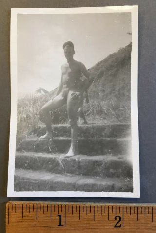Vintage Small Photo Nude WW2 Soldier Marine Naked Man Posing Snapshot 2