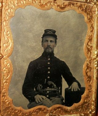 Civil War Soldier With Pistols 1/6 Tintype Hidden Under Cdv In Brass Frame Id
