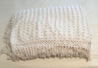 Vintage White Cotton Popcorn Chenille Bedspread With Fringe
