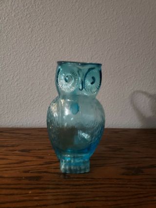 Owl Pitcher Blue Glass 8 1/2 " Large W Handle Embossed Owl Figure Kanawha 3d Vtg