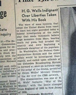 WAR OF THE WORLDS Orson Welles MARS Martians Invasion RADIO Panic 1938 Newspaper 3