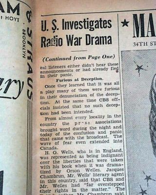 WAR OF THE WORLDS Orson Welles MARS Martians Invasion RADIO Panic 1938 Newspaper 6