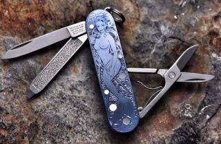 Custom Victorinox Classic Knife 280 With Engraved & Carved Titanium Mermaid