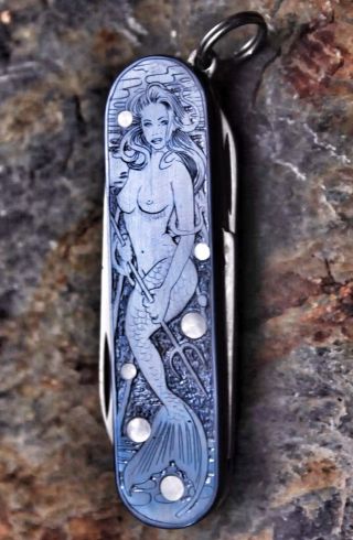 Custom Victorinox Classic Knife 280 with Engraved & Carved Titanium Mermaid 2
