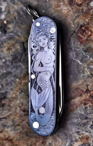 Custom Victorinox Classic Knife 280 with Engraved & Carved Titanium Mermaid 3