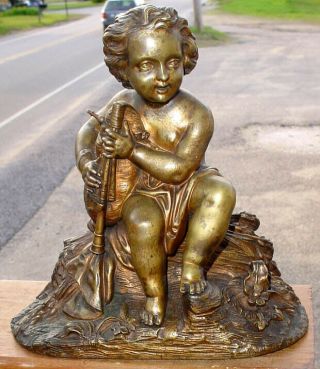 Antique Gilt Bronze Part Nude Putti Figure W/ Instrument Sculpture Statue N/r